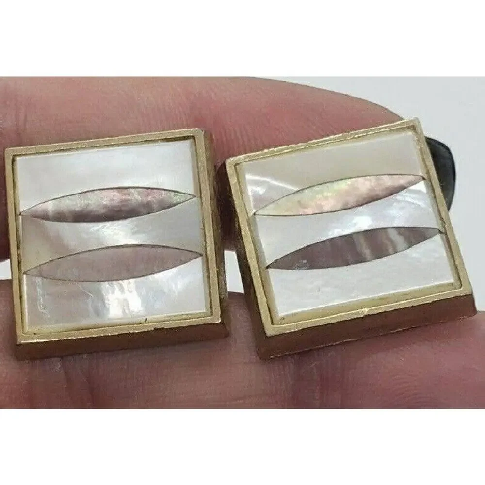 Vintage CuffLinks Gold Metal Abalone Mother of Pearl Inlaid Dante